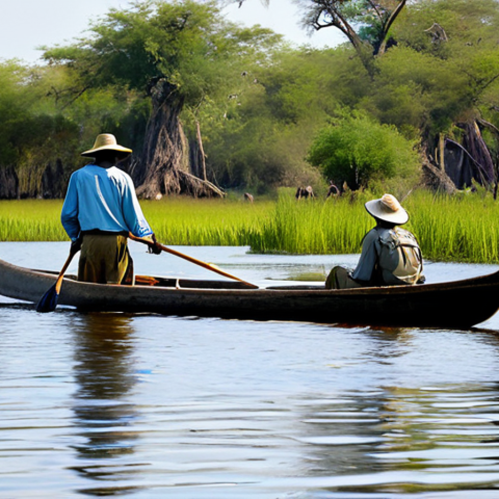 Okavango Delta Scene**

"A daytime shot of a tourist in a mokoro (traditional canoe) on the Okavango Delta in Botswana, fully clothed in khaki pants and a long-sleeved shirt, wearing a wide-brimmed hat. The mokoro is being steered by a local guide. Lush green vegetation lines the riverbanks. The water is calm and reflects the sky. In the distance, safe distance, an elephant herd is visible on the shoreline. The scene should evoke a sense of adventure and respect for wildlife. Appropriate content, safe for work, professional photography, perfect anatomy, natural proportions, family-friendly, clear details."

**