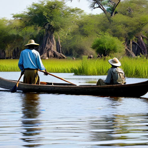 Okavango Delta Scene**

"A daytime shot of a tourist in a mokoro (traditional canoe) on the Okavango Delta in Botswana, fully clothed in khaki pants and a long-sleeved shirt, wearing a wide-brimmed hat. The mokoro is being steered by a local guide. Lush green vegetation lines the riverbanks. The water is calm and reflects the sky. In the distance, safe distance, an elephant herd is visible on the shoreline. The scene should evoke a sense of adventure and respect for wildlife. Appropriate content, safe for work, professional photography, perfect anatomy, natural proportions, family-friendly, clear details."

**