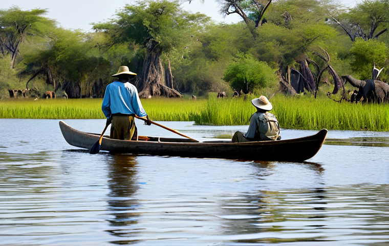 Okavango Delta Scene**
"A daytime shot of a tourist in a mokoro (traditional canoe) on the Okavango Delta in Botswana, fully clothed in khaki pants and a long-sleeved shirt, wearing a wide-brimmed hat. The mokoro is being steered by a local guide. Lush green vegetation lines the riverbanks. The water is calm and reflects the sky. In the distance, safe distance, an elephant herd is visible on the shoreline. The scene should evoke a sense of adventure and respect for wildlife. Appropriate content, safe for work, professional photography, perfect anatomy, natural proportions, family-friendly, clear details."
**