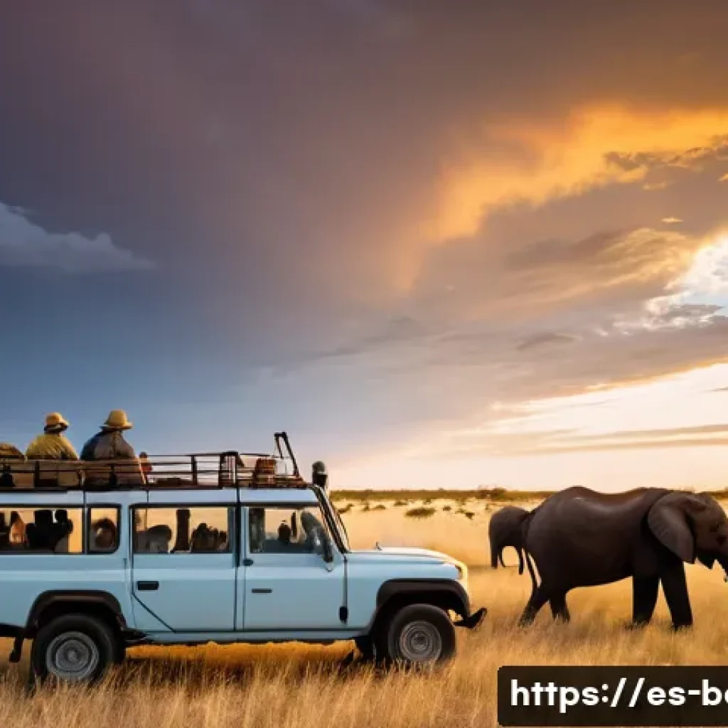 보츠와나에서 환경 보호를 위한 여행 팁 - **Prompt 1: Respectful Wildlife Observation in Botswana**
    "A wide-angle shot of a classic safari...