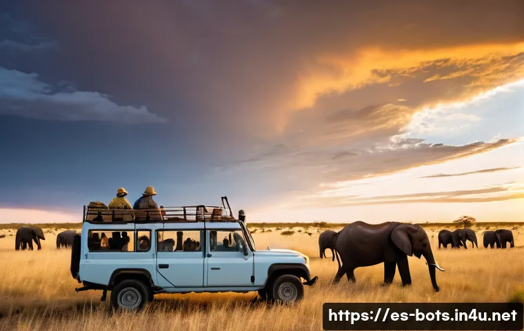 보츠와나에서 환경 보호를 위한 여행 팁 - **Prompt 1: Respectful Wildlife Observation in Botswana**
    "A wide-angle shot of a classic safari...