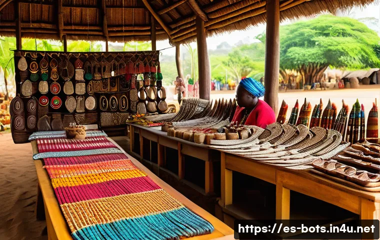 보츠와나에서 사지 말아야 할 불법 기념품 - A detailed image of a traditional Botswanan craft market stall, showcasing artisans selling ethicall...