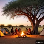 Home 19 보츠와나에서 저렴하게 사파리 즐기는 법 - A serene community campsite in Botswana at sunset, featuring simple yet comfortable tents nestled am...