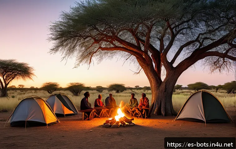 보츠와나에서 저렴하게 사파리 즐기는 법 - A serene community campsite in Botswana at sunset, featuring simple yet comfortable tents nestled am...
