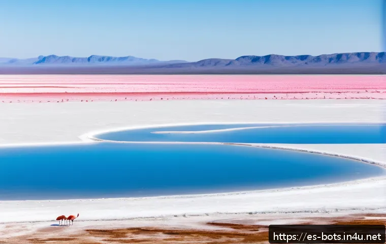 보츠와나 마카디카디 염호 여행 가이드 - A vast, white salt flat under a bright blue sky at midday, resembling a lunar landscape, with intens...