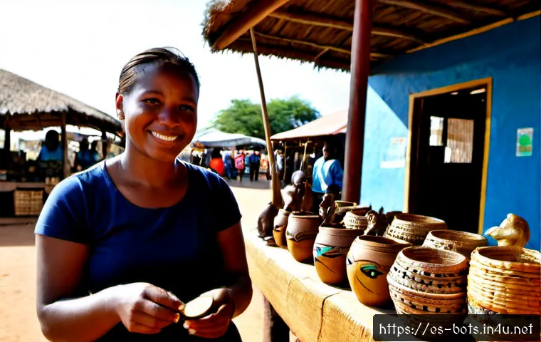 보츠와나에서 기념품 쇼핑하기 - Photorealistic Botswana souvenir market in Gaborone, a Spanish-speaking female traveler thoughtfully...