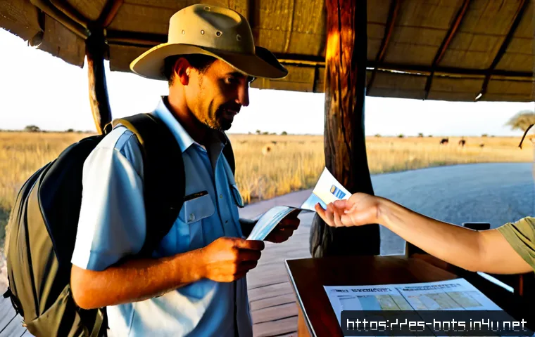 Home 17 보츠와나 안전 여행 가이드 - Photorealistic Botswana travel safety scene, a Spanish-speaking adult traveler in modest safari clot...