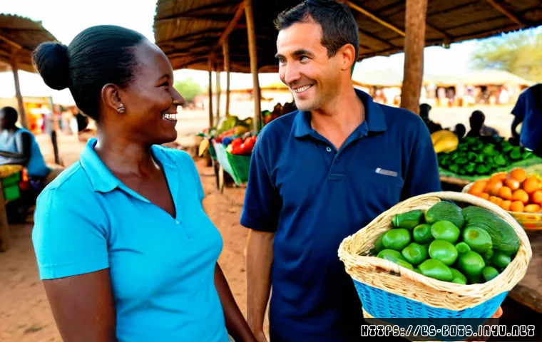 보츠와나에서 현지 사람들과 교류하는 법 - Photorealistic travel scene in Botswana: a friendly Spanish-speaking adult traveler respectfully gre...
